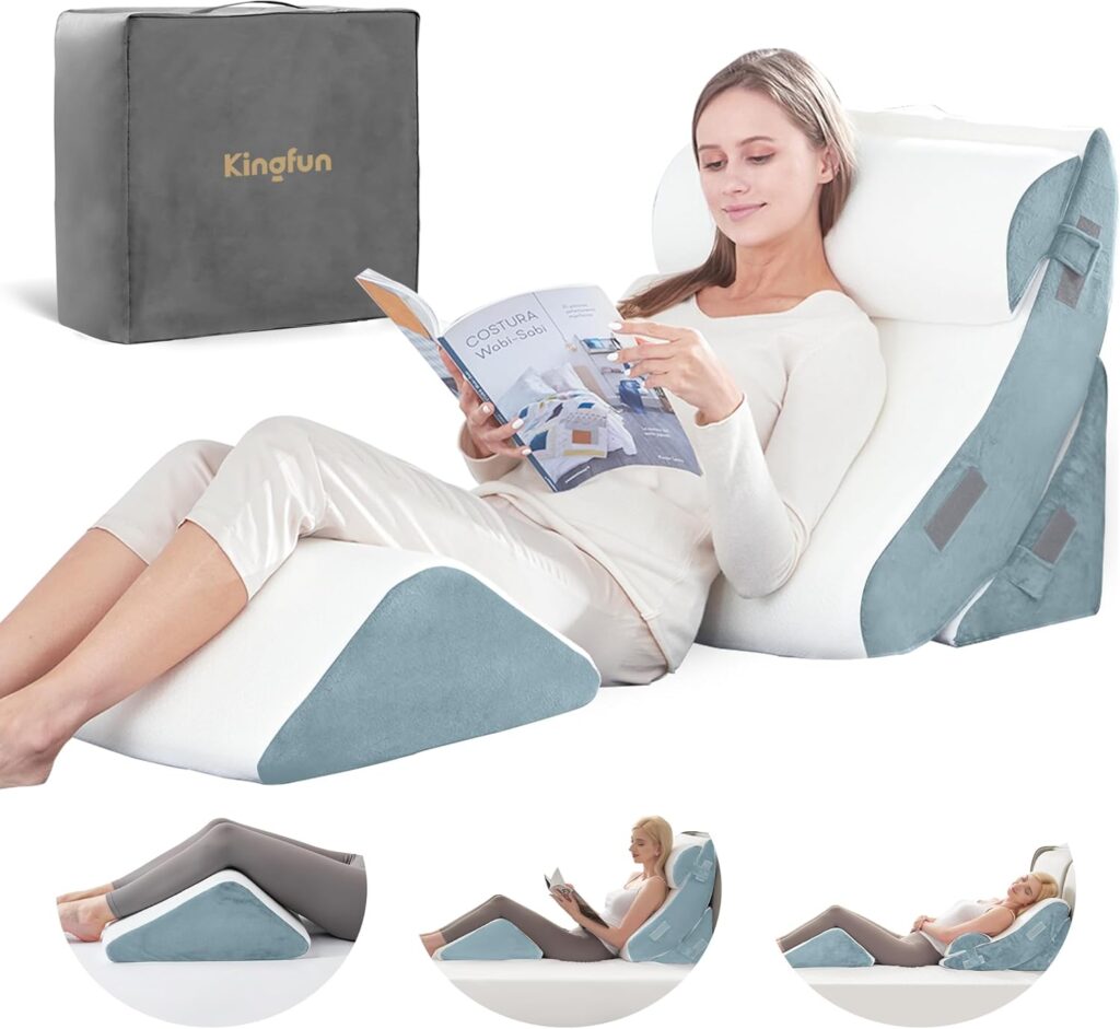 Get 4-pcs Kingfun bed wedges for better sleep and support. Relieve back pain, improve circulation, and enjoy ultimate comfort.