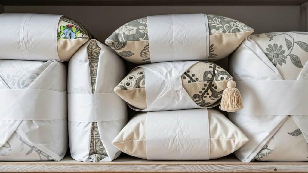 Clean decorative throw pillows wrapped in tissue paper for storage