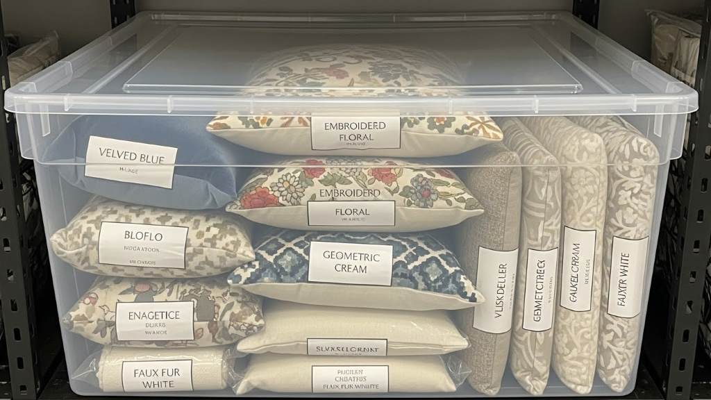 Sealed plastic bin filled with labeled throw pillows