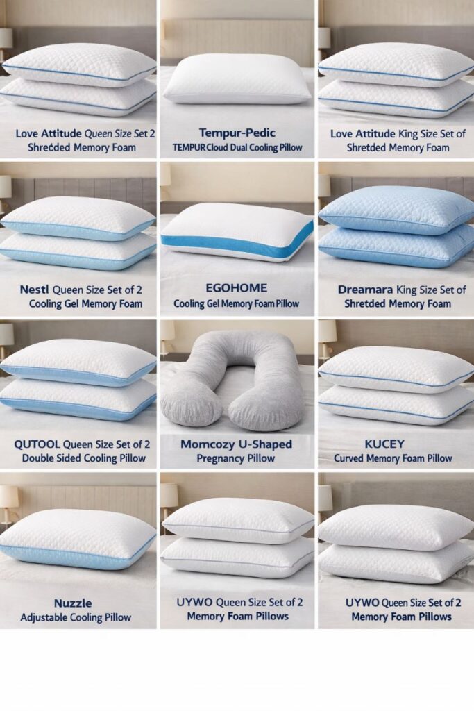 Cooling memory foam pillows for side, back, and stomach sleepers, adjustable loft, queen and king size 2-pack.
