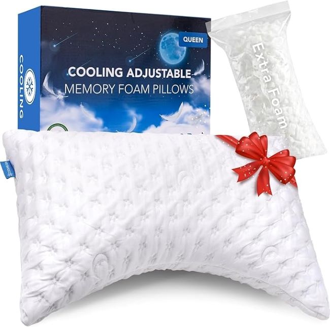 KUCEY Cooling Side Sleeper Pillow, Crescent Shredded Memory Foam, Adjustable Queen Size, Neck and Shoulder Support
