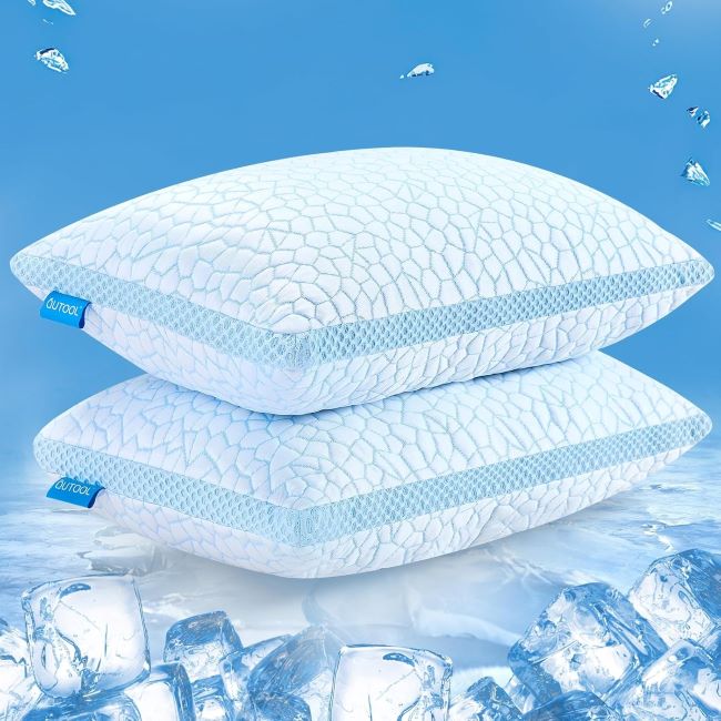 QUTOOL Double-Sided Cooling Pillow 2-Pack, Queen Shredded Memory Foam, Adjustable Soft and Firm for Side, Back, Stomach Sleepers