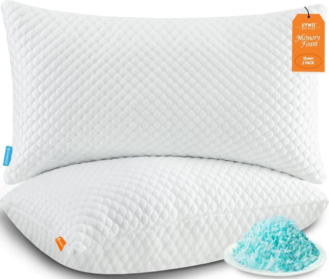 UYWO Queen Cooling Memory Foam Pillow 2-Pack, Adjustable Firm Bed Pillow for Hot Side, Back, Stomach Sleepers
