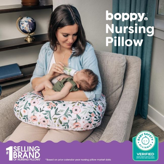 Boppy Nursing Pillow pink garden flowers design, ergonomic U-shaped breastfeeding pillow with firm support and wide surface