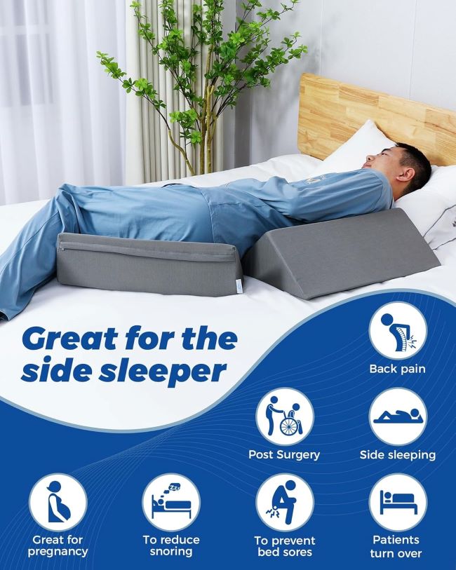 Fanwer grey 3-in-1 side sleeping wedge pillow for back pain, pregnancy, and post-surgery positioning with knee elevation