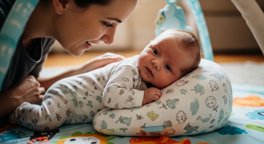 Parent and newborn during tummy time with a supportive wedge pillow on a play mat