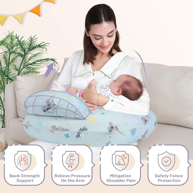 AMASKY Nursing Pillow blue ergonomic breastfeeding pillow with plus-size design and removable cotton cover for mom and baby