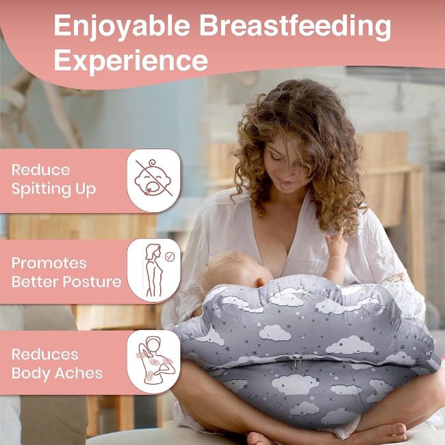 PILLANI Nursing Pillow with security fence, adjustable waist strap and removable cotton cover for stable breastfeeding support