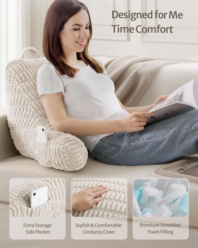 Blissful Diary reading pillow with shredded memory foam, armrests, pockets, and washable cover for bed comfort