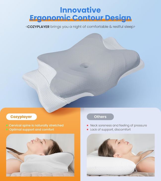 Cozyplayer ergonomic cervical pillow with cooling memory foam and adjustable contour design for neck support and comfortable sleep