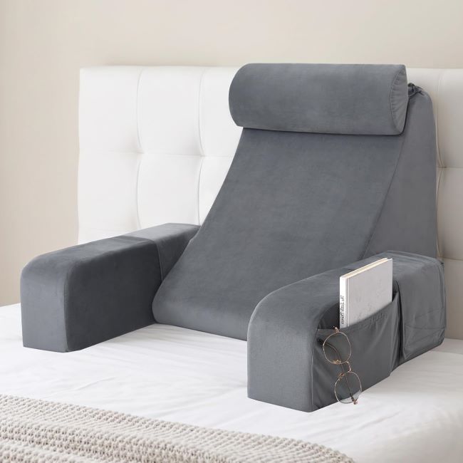 ENITYA reading pillow with armrests and side pockets designed for bed sitting, gaming, and TV watching comfort