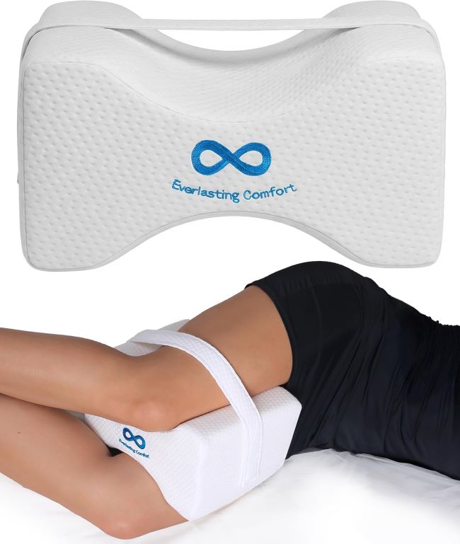 Everlasting Comfort memory foam knee pillow with strap keeping legs aligned for pain relief