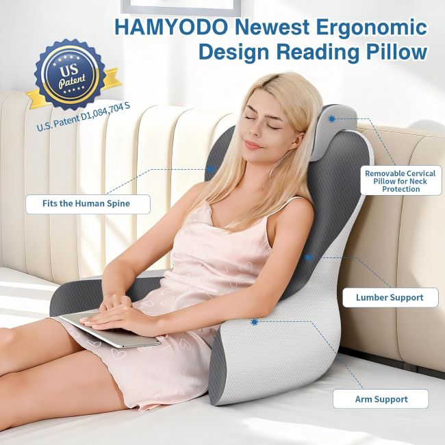 HAMYODO ergonomic reading pillow with arm support and lumbar cushioning for bed sitting and relaxation activities