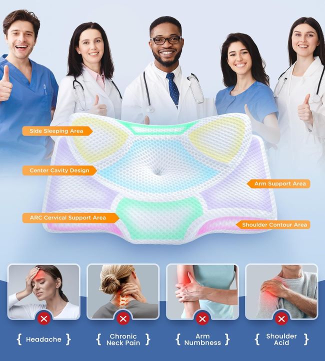 Osteo cervical memory foam pillow with hollow ergonomic design and cooling cover for neck support during sleep
