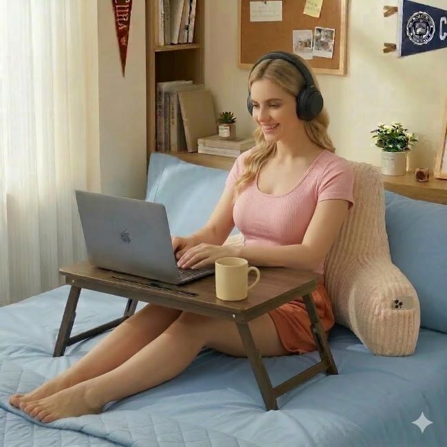 PAJEO white corduroy reading pillow with arm rests and fiber filling designed for back support and relaxation