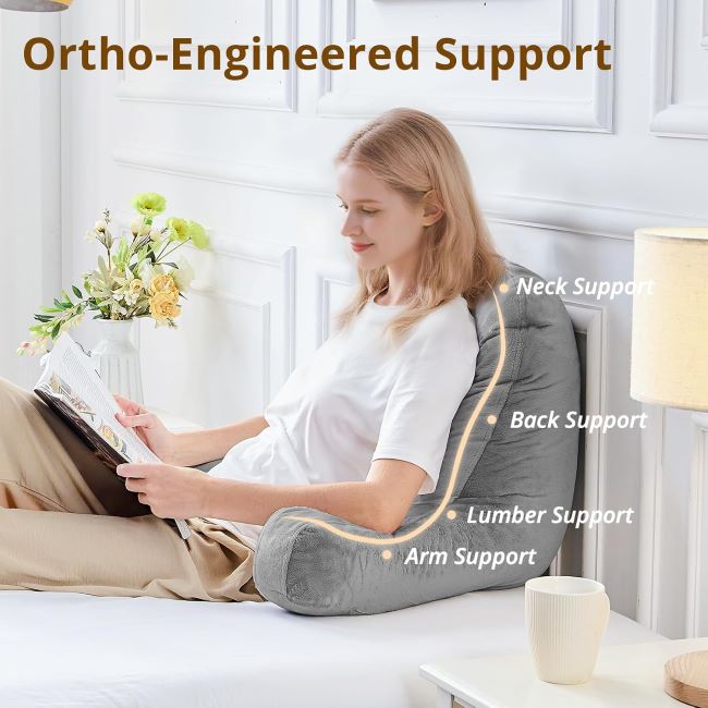 Sasttie dark gray reading pillow with back support cushion for sitting up in bed, couch, or dorm room