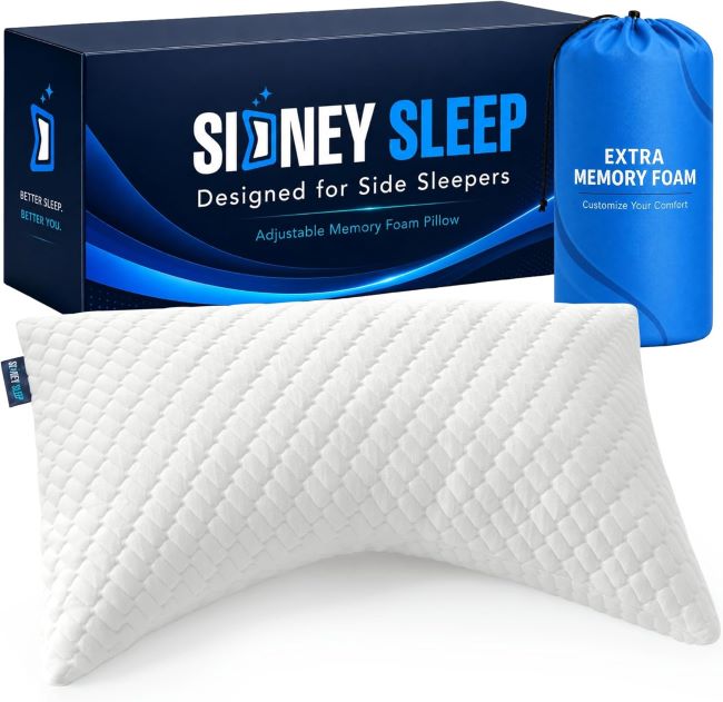 Sidney Sleep adjustable shredded memory foam pillow offering customizable neck and shoulder support for restful sleep