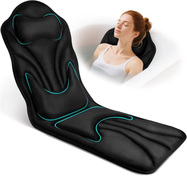Atsuwell full-body bath pillow with ergonomic neck, waist, and hip support, breathable 3D mesh fabric, and strong suction cup attachment