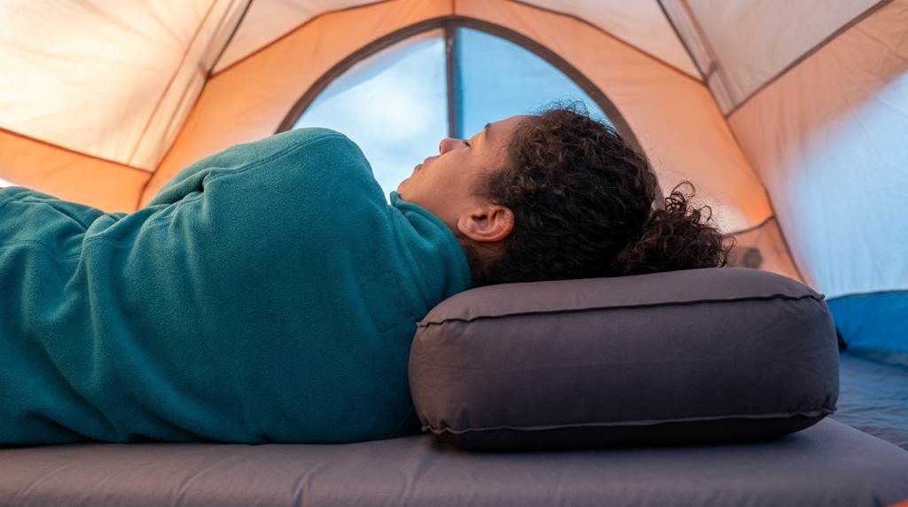 Backpacker with a compact camping pillow on a trail