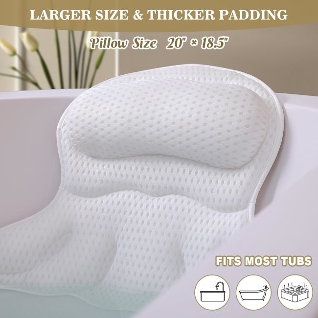 Binobella luxury bath pillow with 4D air mesh cushioning, non-slip suction cups, and ergonomic head, neck, and back support