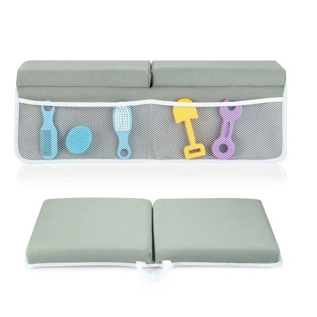 PandaEar baby bath kneeler and elbow rest pad with foldable foam cushion, non-slip design, and storage pockets for bath toys