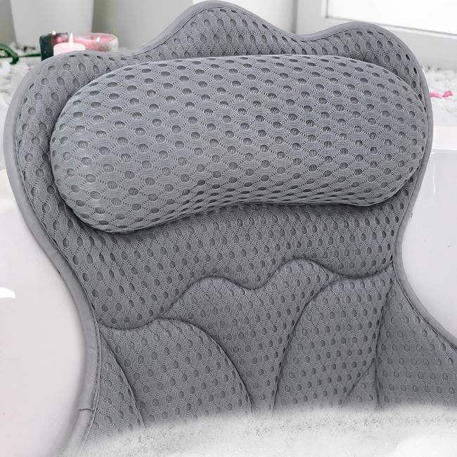 REEZEIVI bathtub pillow with soft 4D mesh fabric, six non-slip suction cups, and extra-thick neck and back support for relaxing baths