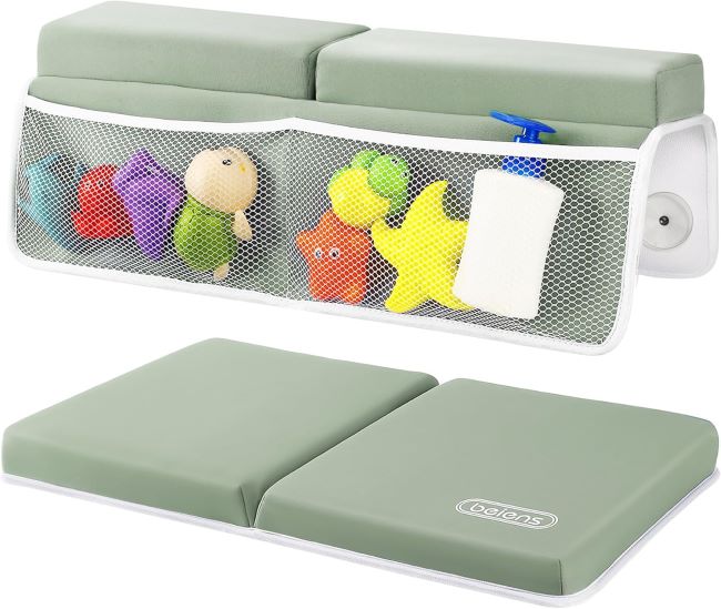 beiens thick baby bath kneeler and elbow rest pad featuring non-slip support, soft padding, and storage pockets for bath accessories