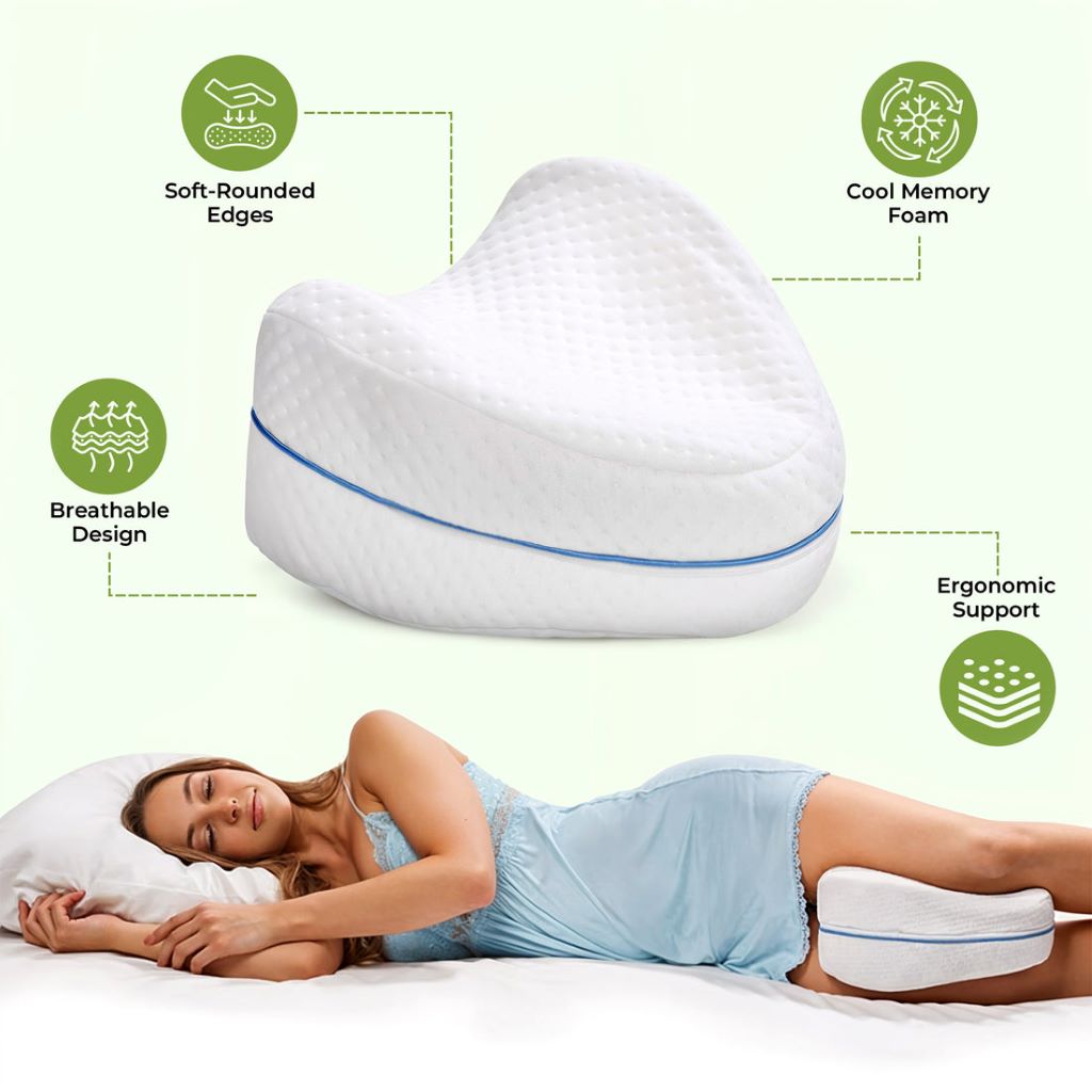 Person sleeping on side with knee pillow improving hip and spine alignment in bed