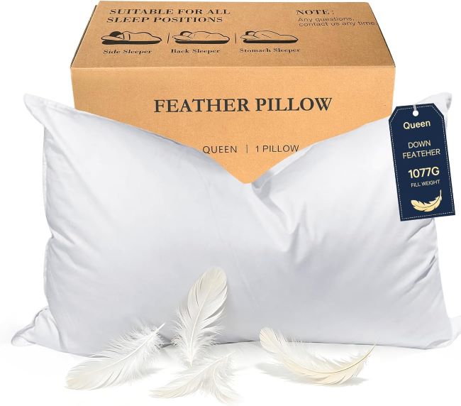 BHZ goose down feather queen pillow with medium-firm support and breathable cover for side and back sleepers
