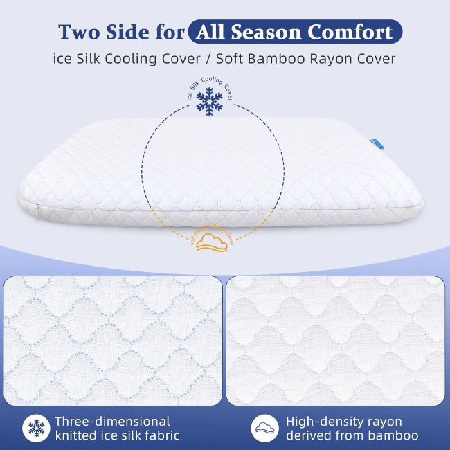 SofGlowly ultra-thin cooling memory foam pillow with 2.75-inch profile for stomach and back sleepers