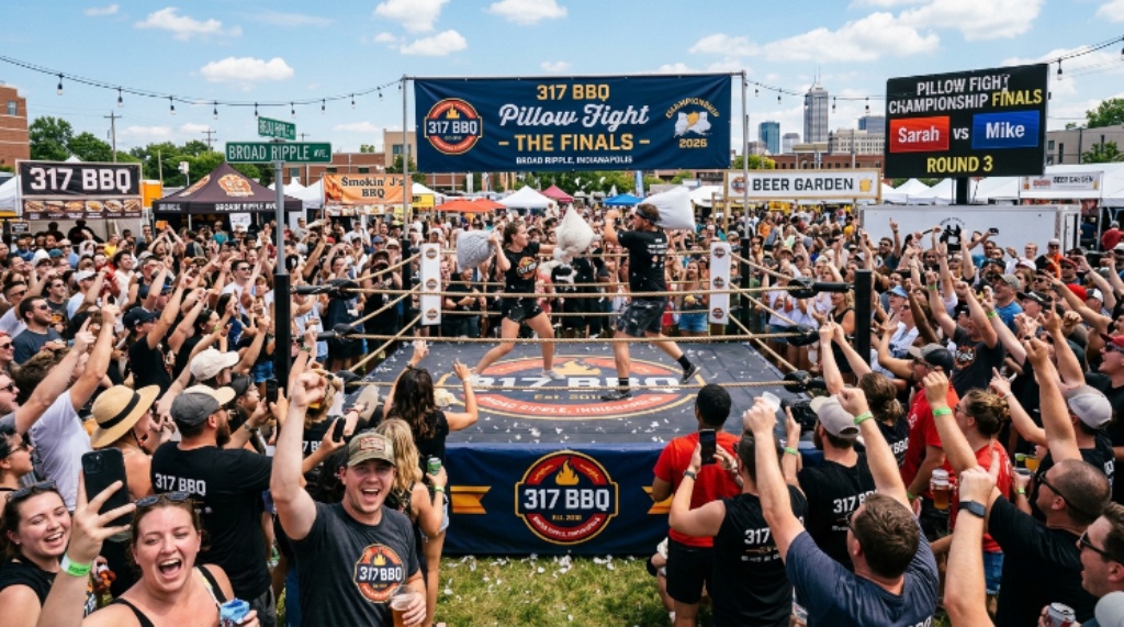 Enthusiastic crowd watching the pillow fight championship round at the 317 BBQ event in Broad Ripple, Indianapolis 2026.