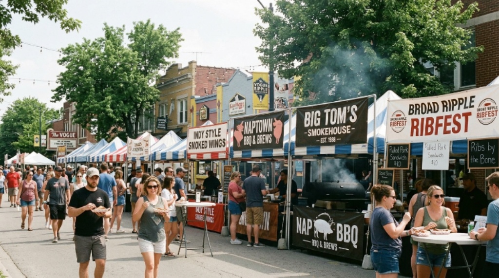 Local BBQ vendors and food booths lined up at the Broad Ripple Village community event in Indianapolis