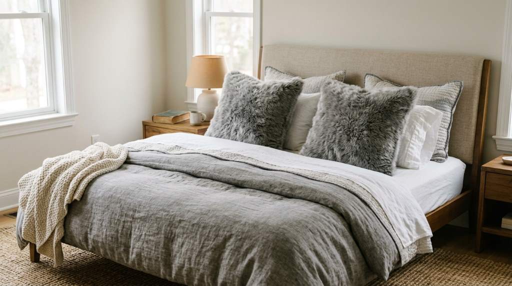 Cozy layered bedroom with gray faux fur accent pillows