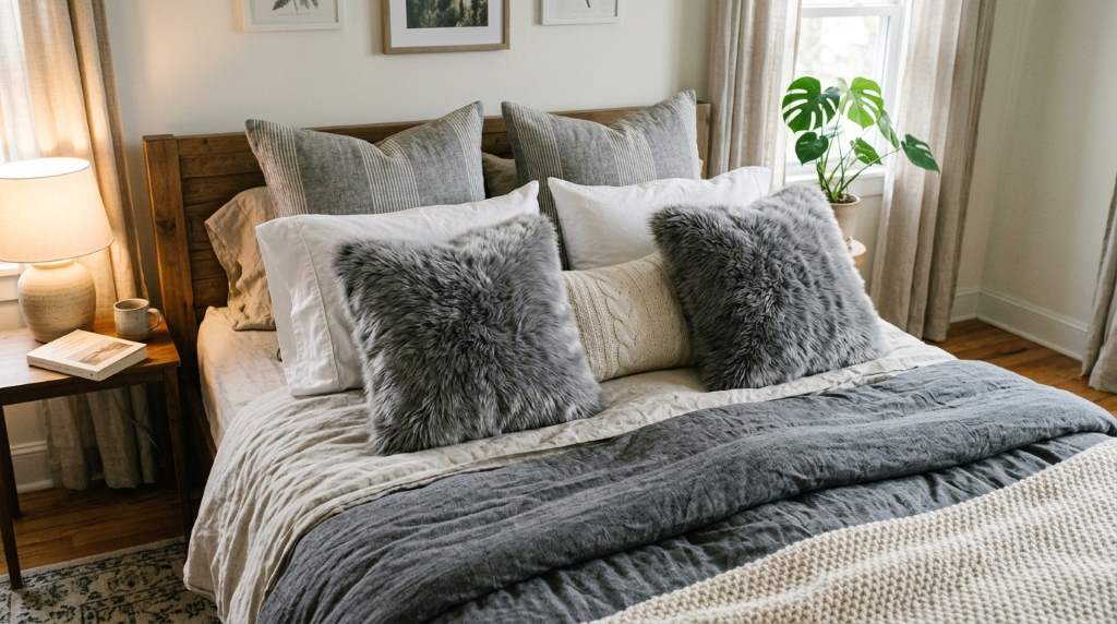 Gray faux fur pillow covers layered on cozy bedroom bed