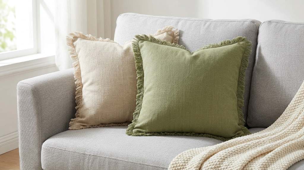 MIULEE linen fringe pillow covers in a cozy living room setup