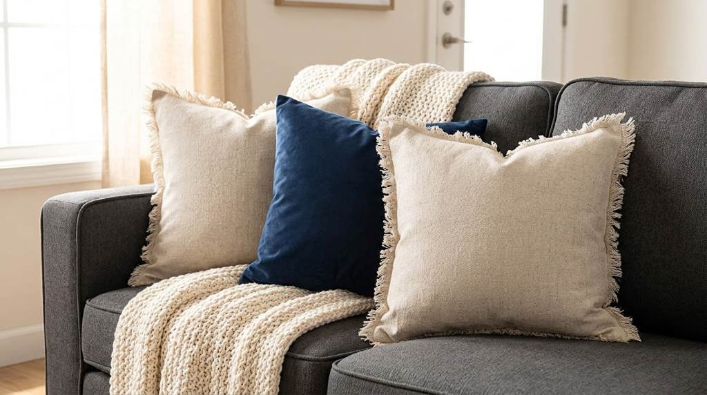 MIULEE linen fringe pillow covers styled on a neutral sofa